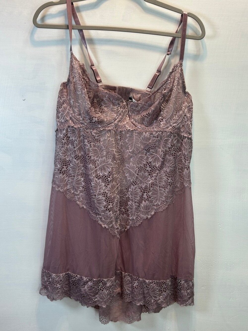 Plus Size 3X Lace Babydoll Dusty Mauve Sheer Mesh Romantic Coquette Chemise